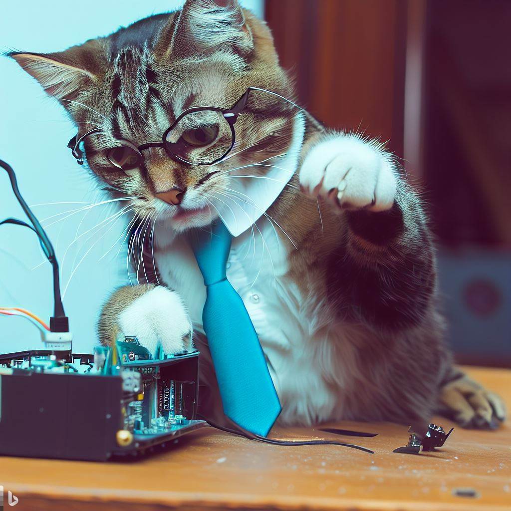 Prompt: crie uma imagem de um gato usando gravata e que está aprendendo a usar um Arduíno. Faça o gato utilizar uma chave de fenda no Arduino. Faça com que ele use óculos