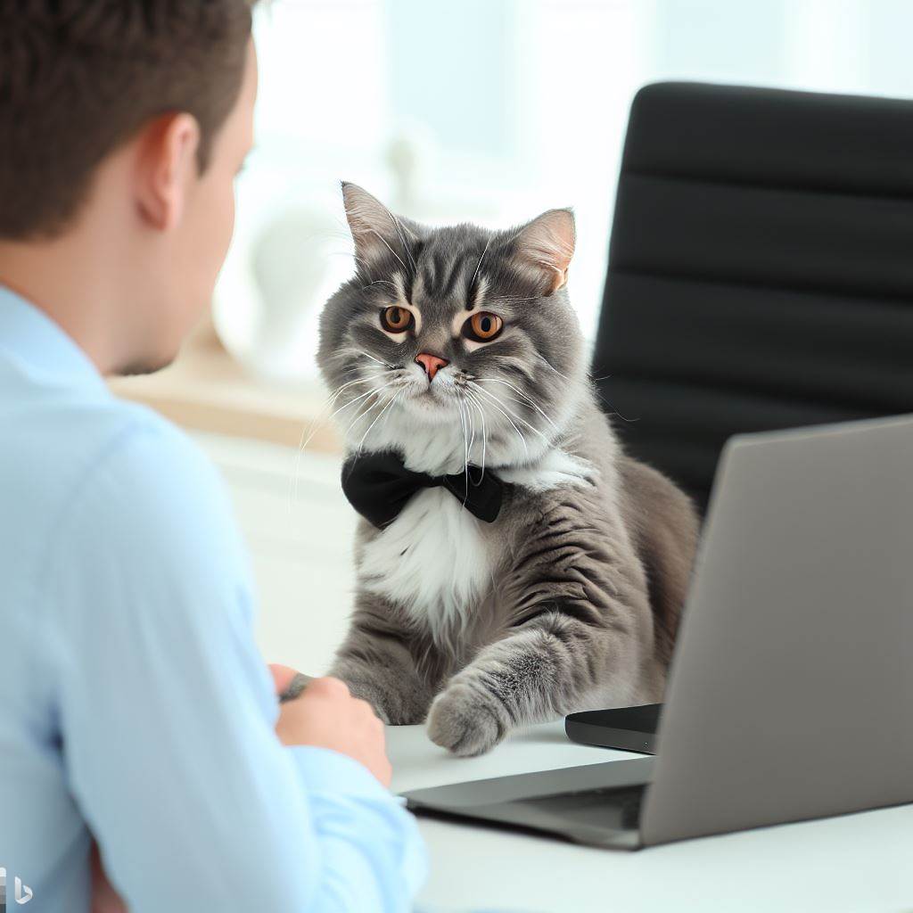Gato realizando uma entrevista junto a um cliente. Prompt: create a image of a software engineer cat conducting an interview with a client