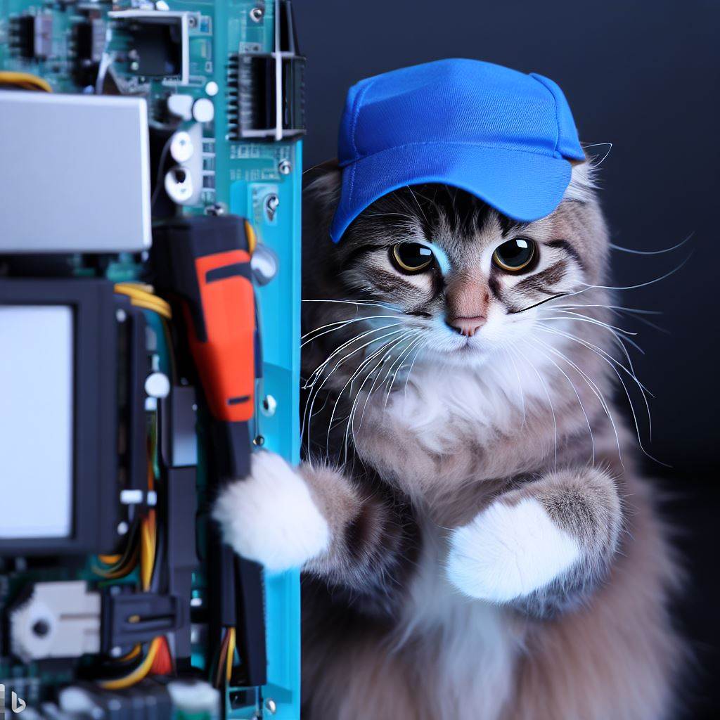 Gato estudando com óculos. Prompt: Create an image of a computer maintenance technician cat