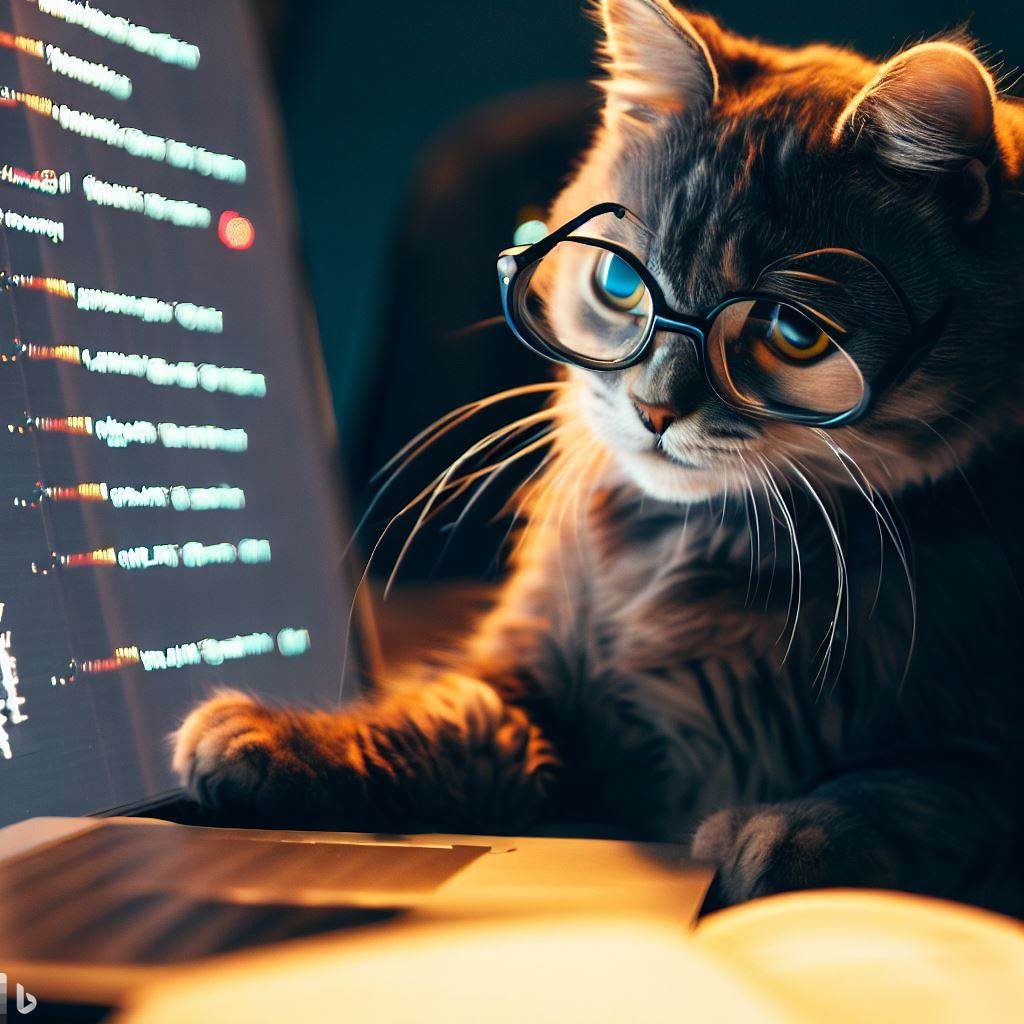 Gato estudando usando óculos. Prompt: Create an image of a cat studying software engineering