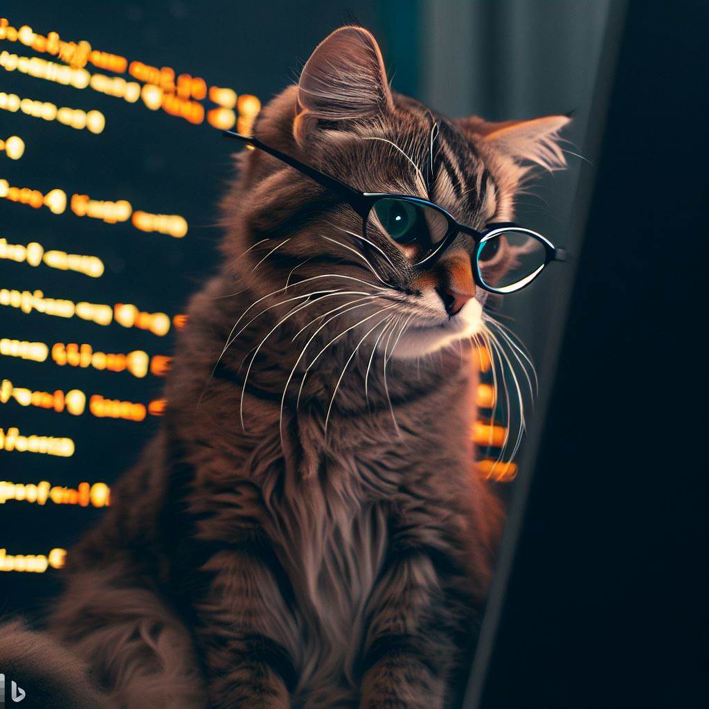 Gato estudando usando óculos. Prompt: Create an image of a cat studying software engineering