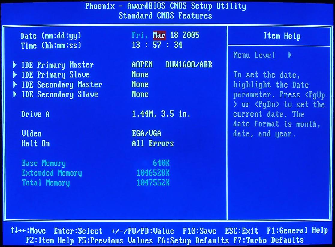 Tela Standard CMOS Setup da AwardBIOS - Exemplo 2