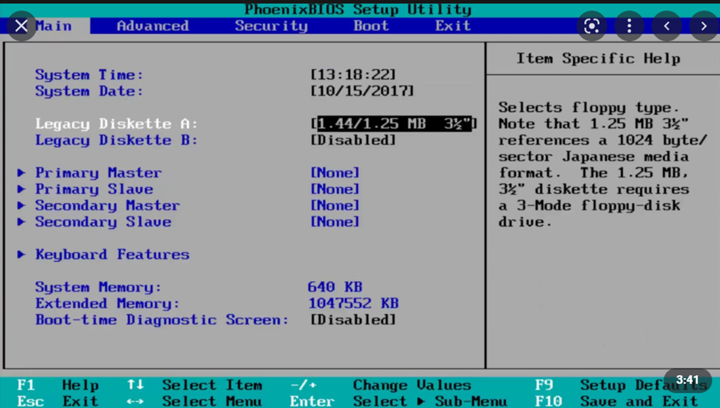 Tela Main do Setup da PhoenixBIOS - Exemplo 1