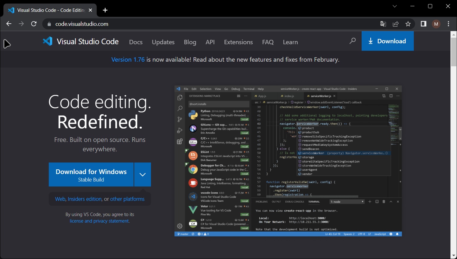 Página principal de download do Visual Studio Code
