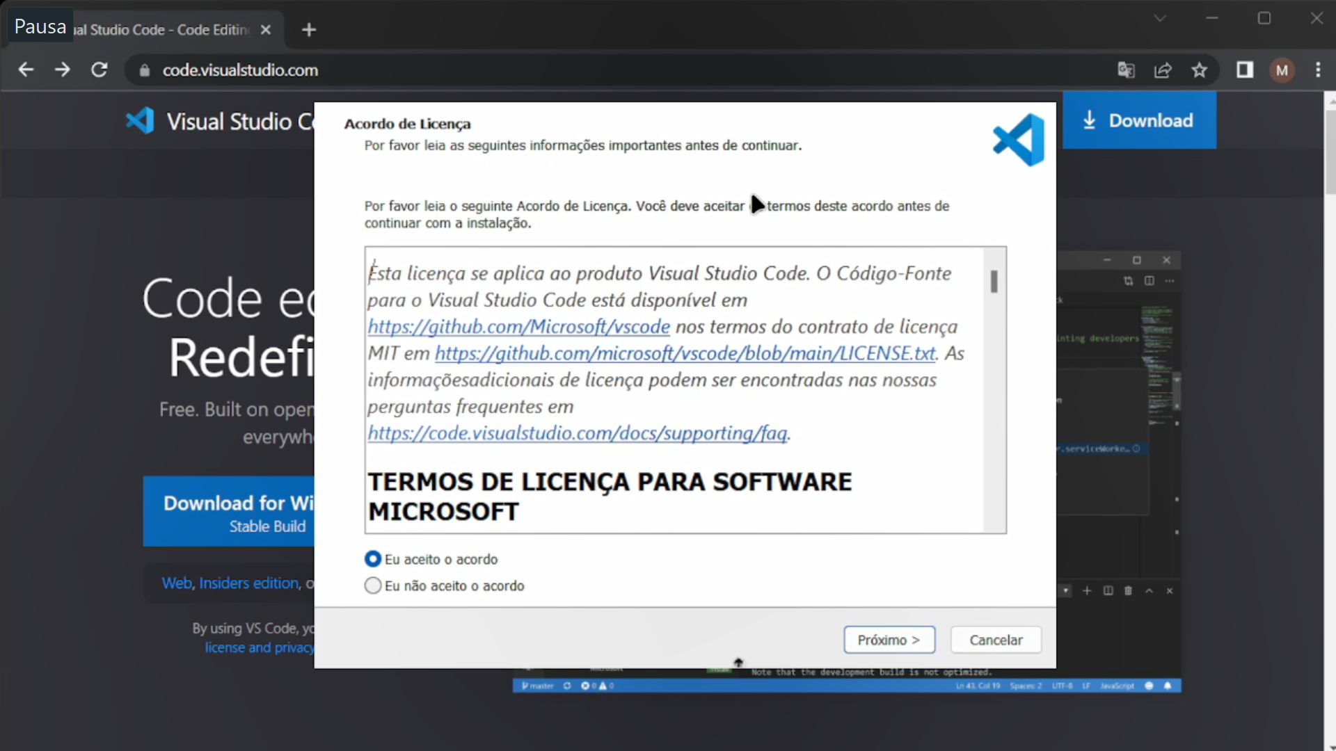 Tela inicial da instalação do Visual Studio Code